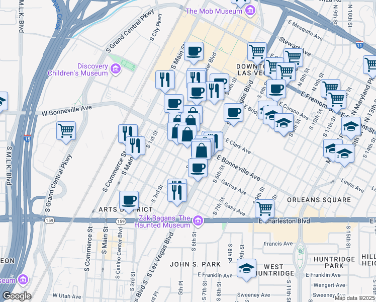 map of restaurants, bars, coffee shops, grocery stores, and more near 183 South 4th Street in Las Vegas