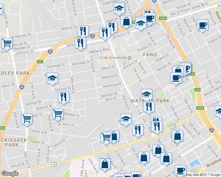 map of restaurants, bars, coffee shops, grocery stores, and more near 1823 Hermosa Street in Nashville