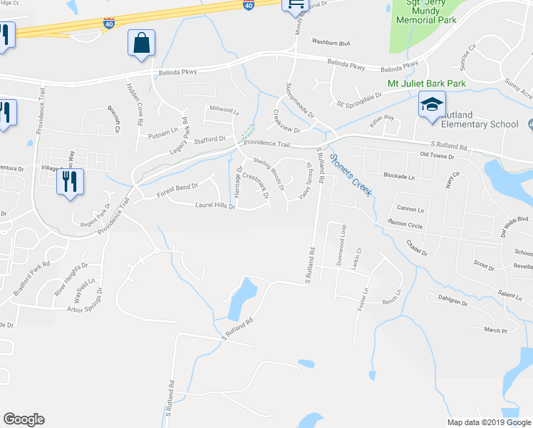 map of restaurants, bars, coffee shops, grocery stores, and more near 727 Crestmark Drive in Mount Juliet