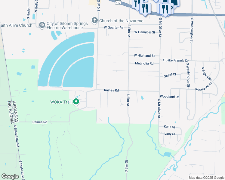map of restaurants, bars, coffee shops, grocery stores, and more near 698 W Raines Rd in Siloam Springs