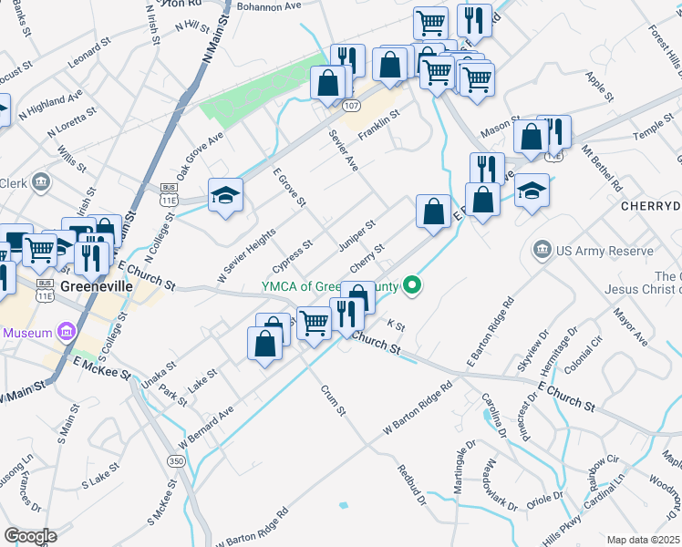 map of restaurants, bars, coffee shops, grocery stores, and more near 313 Cherry Street in Greeneville