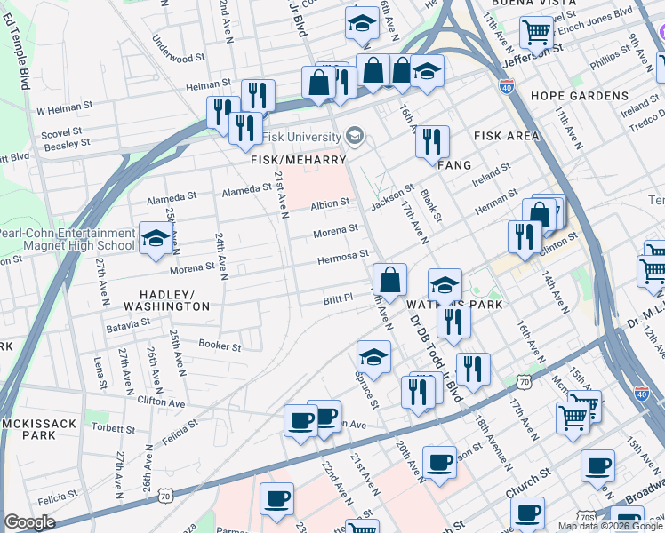 map of restaurants, bars, coffee shops, grocery stores, and more near 1823 Hermosa Street in Nashville
