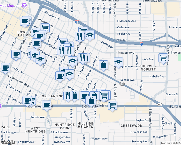 map of restaurants, bars, coffee shops, grocery stores, and more near 121 South 15th Street in Las Vegas