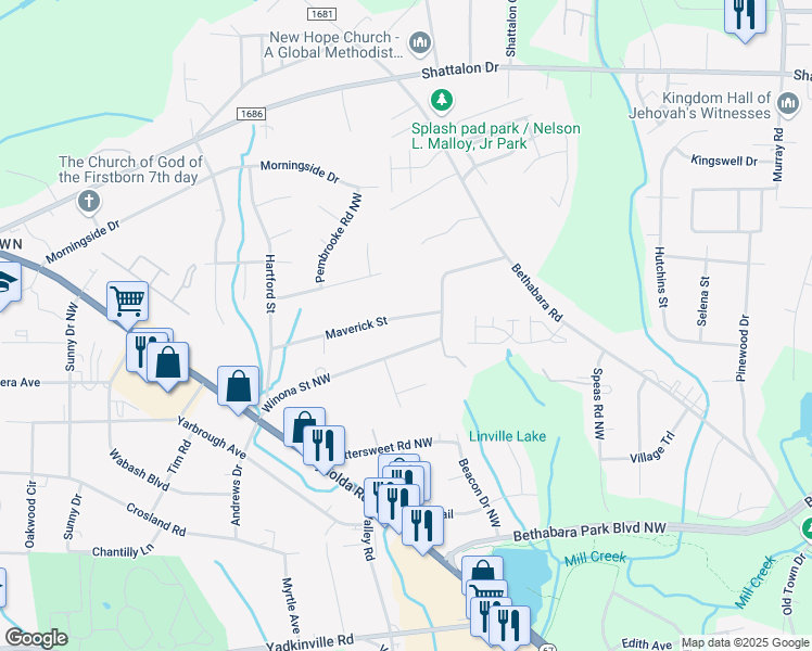 map of restaurants, bars, coffee shops, grocery stores, and more near 3610 Maverick Street in Winston-Salem