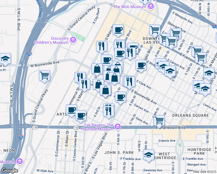map of restaurants, bars, coffee shops, grocery stores, and more near 630 South 3rd Street in Las Vegas