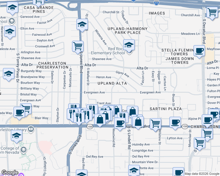 map of restaurants, bars, coffee shops, grocery stores, and more near 717 Upland Boulevard in Las Vegas
