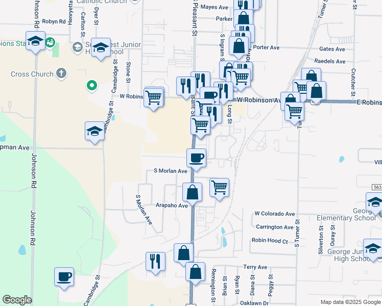 map of restaurants, bars, coffee shops, grocery stores, and more near 1302 Hembree Avenue in Springdale