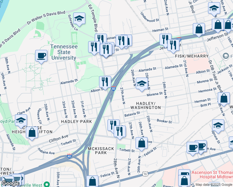map of restaurants, bars, coffee shops, grocery stores, and more near 2709 Eden Street in Nashville