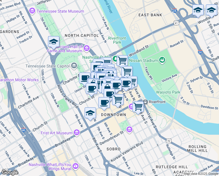 map of restaurants, bars, coffee shops, grocery stores, and more near 208 Printers Alley in Nashville