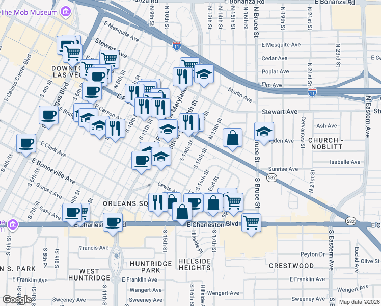map of restaurants, bars, coffee shops, grocery stores, and more near 1401 East Carson Avenue in Las Vegas