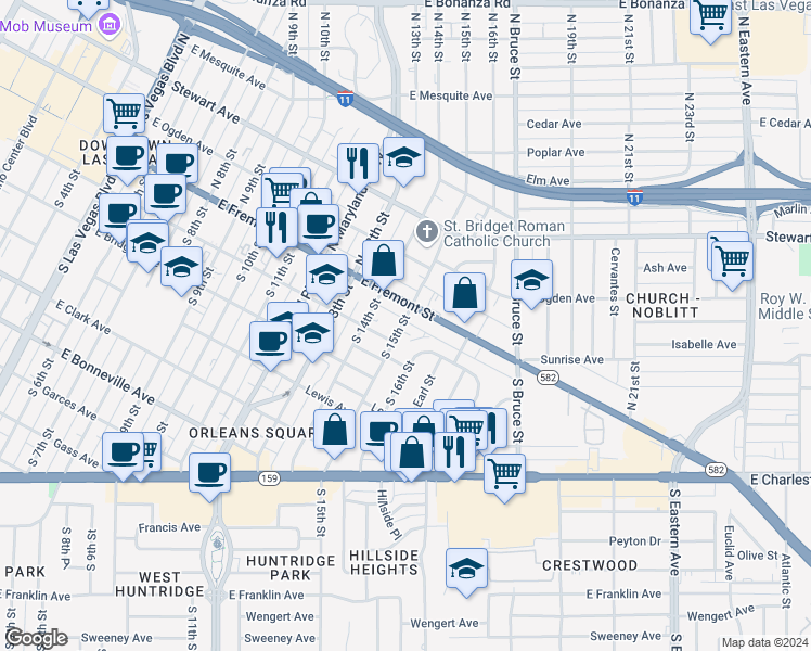 map of restaurants, bars, coffee shops, grocery stores, and more near 121 South 15th Street in Las Vegas