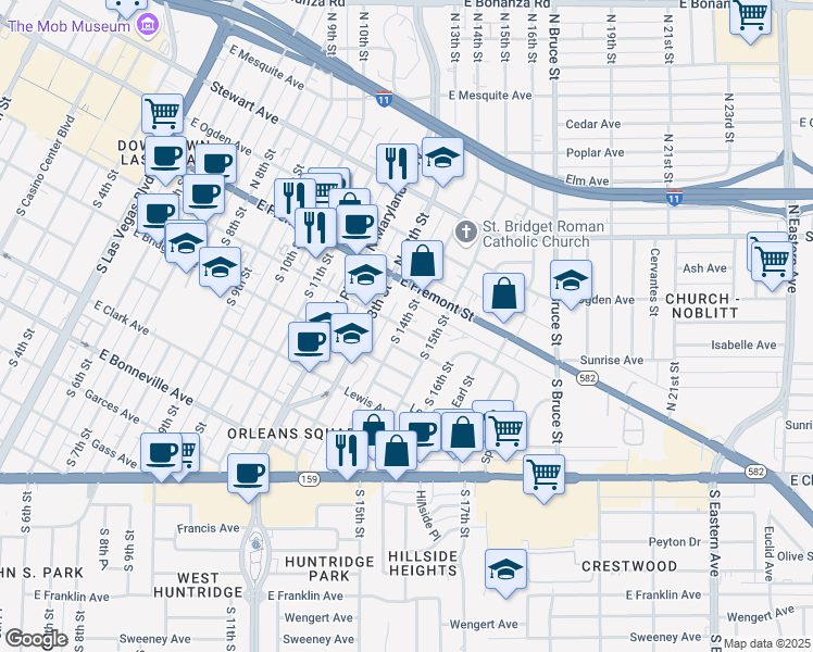 map of restaurants, bars, coffee shops, grocery stores, and more near 1400 Carson Avenue in Las Vegas