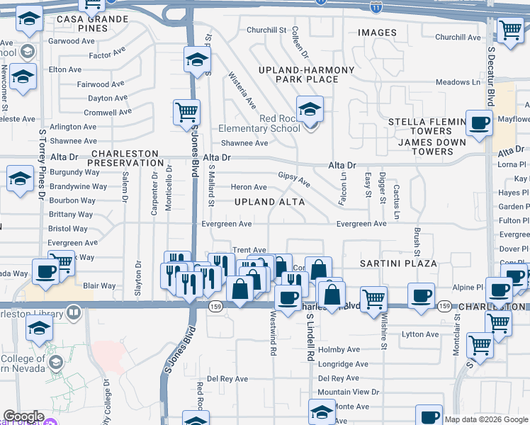 map of restaurants, bars, coffee shops, grocery stores, and more near 717 Upland Boulevard in Las Vegas