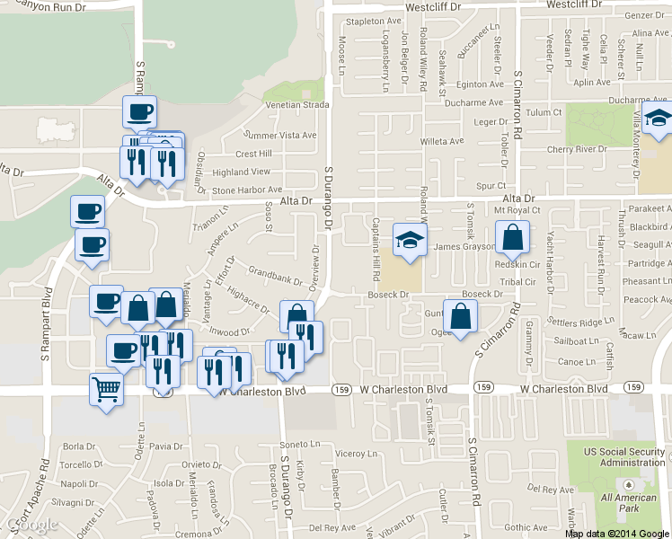 map of restaurants, bars, coffee shops, grocery stores, and more near 8452 Boseck Drive in Las Vegas