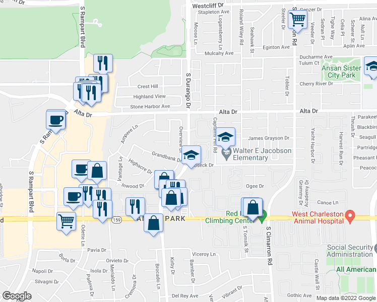 map of restaurants, bars, coffee shops, grocery stores, and more near 711 South Durango Drive in Las Vegas