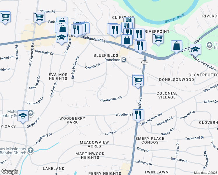 map of restaurants, bars, coffee shops, grocery stores, and more near 219 Cumberland Circle in Nashville