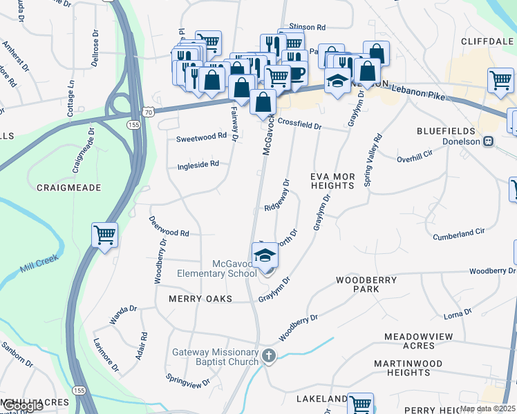 map of restaurants, bars, coffee shops, grocery stores, and more near 245 Ridgeway Drive in Nashville