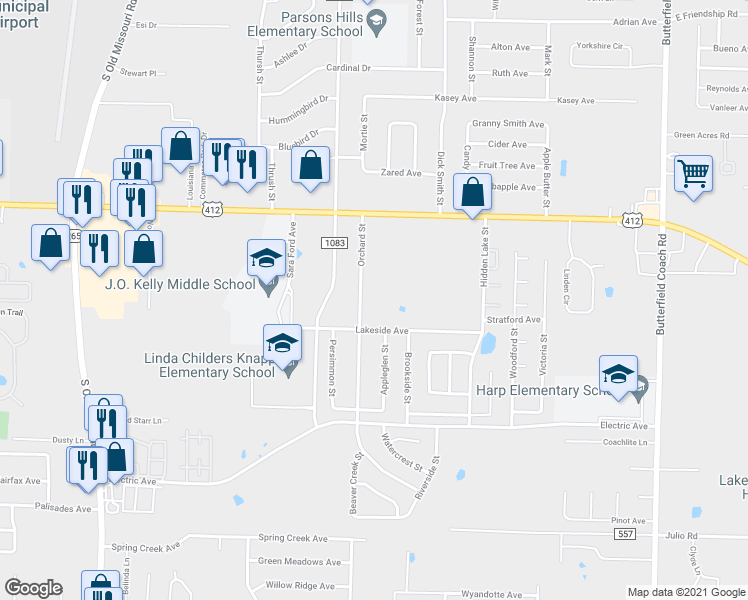 map of restaurants, bars, coffee shops, grocery stores, and more near 2321d Orchard Street in Springdale