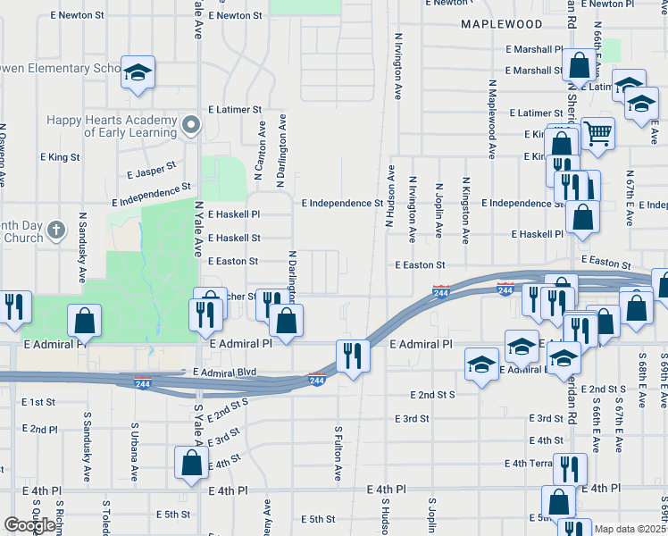 map of restaurants, bars, coffee shops, grocery stores, and more near 119 North Fulton Avenue in Tulsa