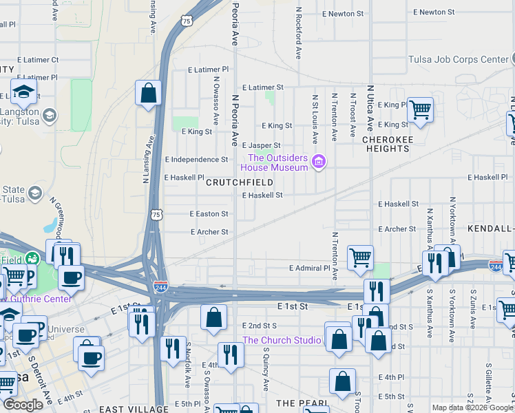 map of restaurants, bars, coffee shops, grocery stores, and more near 512 North Quaker Avenue in Tulsa