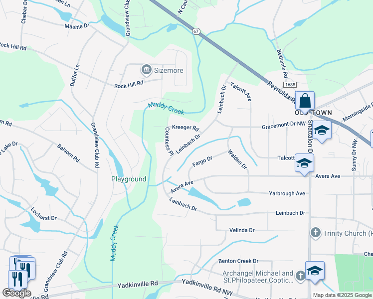 map of restaurants, bars, coffee shops, grocery stores, and more near 4821 Leinbach Drive in Winston-Salem