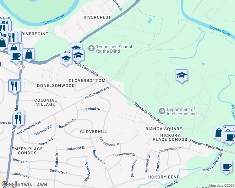 map of restaurants, bars, coffee shops, grocery stores, and more near 214 Stewarts Ferry Pike in Nashville