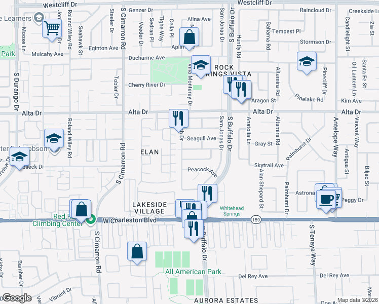 map of restaurants, bars, coffee shops, grocery stores, and more near 7708 Pheasant Lane in Las Vegas