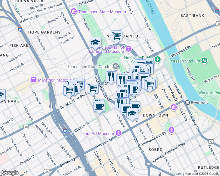 map of restaurants, bars, coffee shops, grocery stores, and more near 312 Rosa L Parks Avenue in Nashville