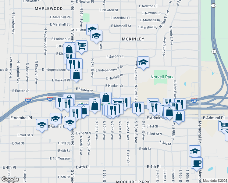 map of restaurants, bars, coffee shops, grocery stores, and more near 515 North 70th East Avenue in Tulsa