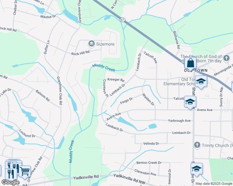 map of restaurants, bars, coffee shops, grocery stores, and more near 4815 Leinbach Drive in Winston-Salem