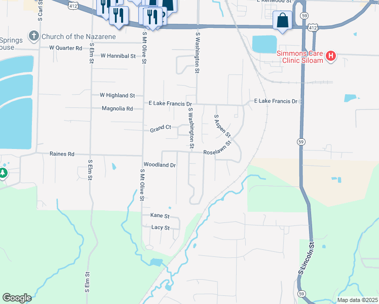 map of restaurants, bars, coffee shops, grocery stores, and more near 2601 Cortney Circle in Siloam Springs
