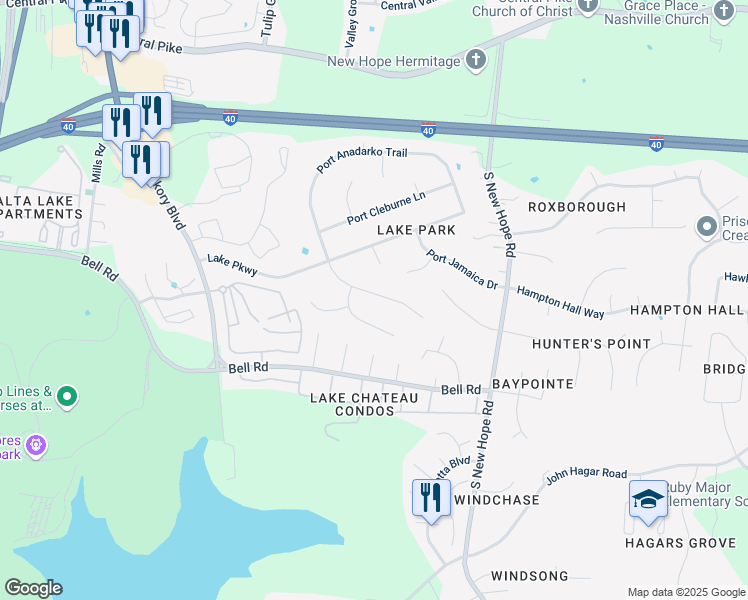 map of restaurants, bars, coffee shops, grocery stores, and more near 6045 Port Anadarko Trail in Nashville