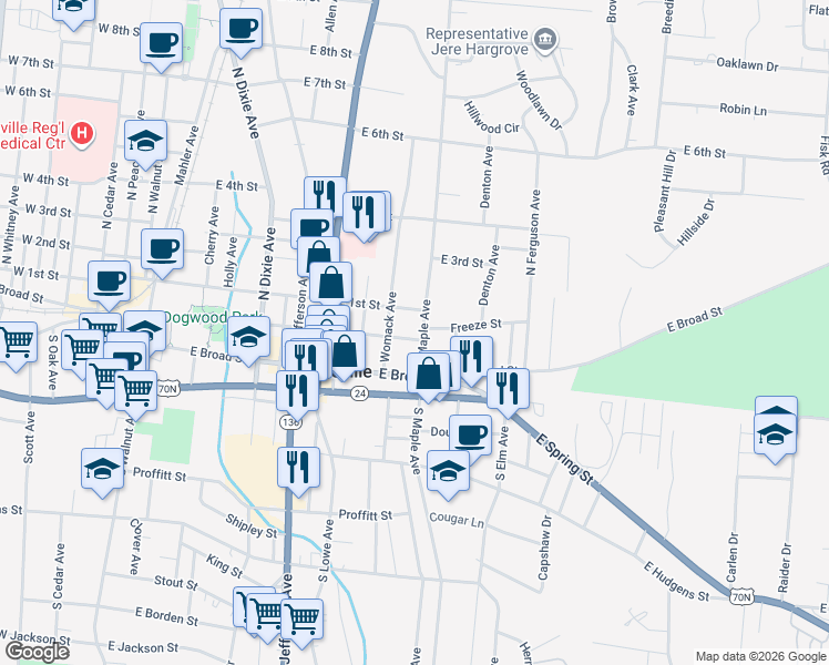 map of restaurants, bars, coffee shops, grocery stores, and more near 520 Freeze Street in Cookeville