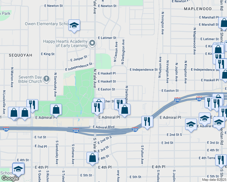 map of restaurants, bars, coffee shops, grocery stores, and more near 5108 East Easton Street in Tulsa