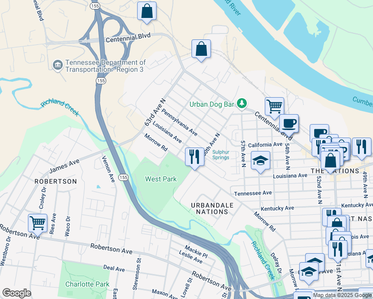 map of restaurants, bars, coffee shops, grocery stores, and more near 6017 Louisiana Avenue in Nashville