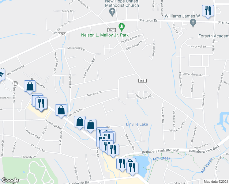 map of restaurants, bars, coffee shops, grocery stores, and more near 3604 Maverick Street in Winston-Salem