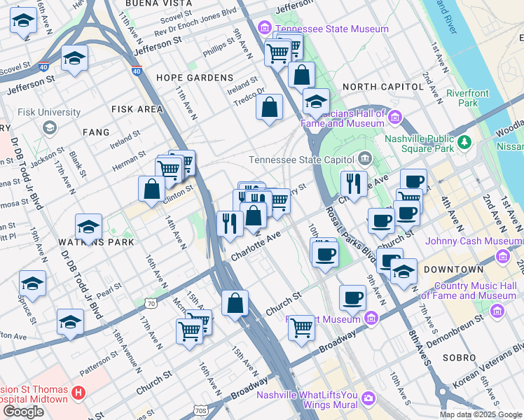 map of restaurants, bars, coffee shops, grocery stores, and more near 1016 Charlotte Avenue in Nashville