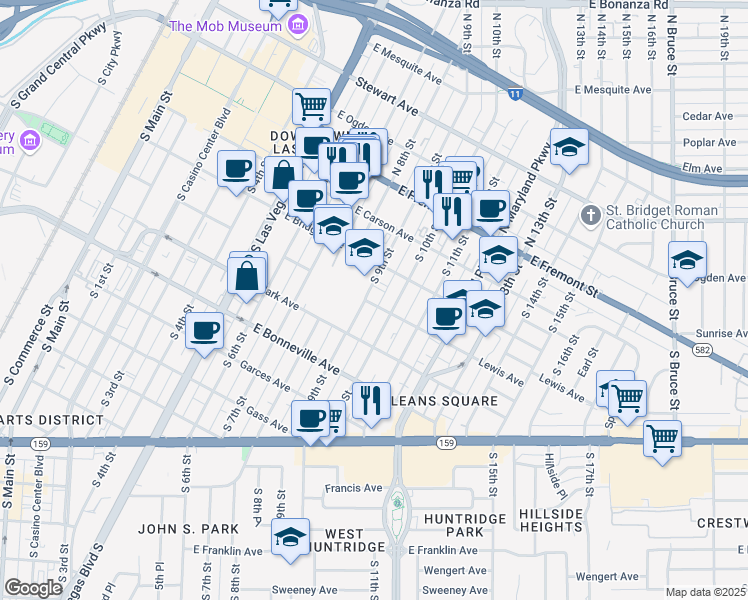 map of restaurants, bars, coffee shops, grocery stores, and more near 331 South 9th Street in Las Vegas