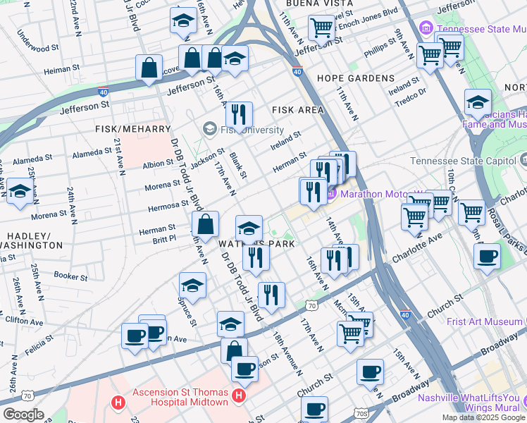 map of restaurants, bars, coffee shops, grocery stores, and more near 816 17th Avenue North in Nashville