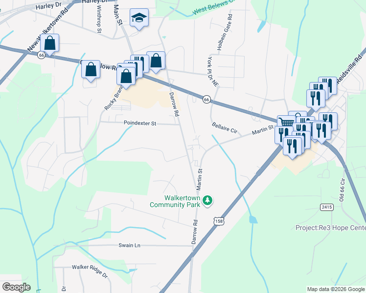 map of restaurants, bars, coffee shops, grocery stores, and more near 2701 Darrow Road in Walkertown