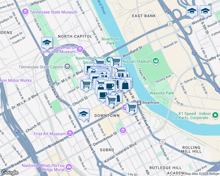 map of restaurants, bars, coffee shops, grocery stores, and more near 309 Church Street in Nashville