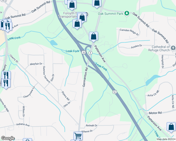 map of restaurants, bars, coffee shops, grocery stores, and more near 5001 Germanton Road in Winston-Salem