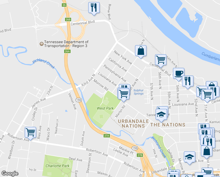 map of restaurants, bars, coffee shops, grocery stores, and more near 6106 Morrow Road in Nashville