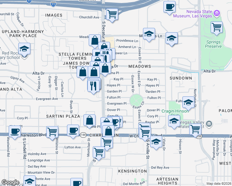 map of restaurants, bars, coffee shops, grocery stores, and more near 4619 Garden Place in Las Vegas