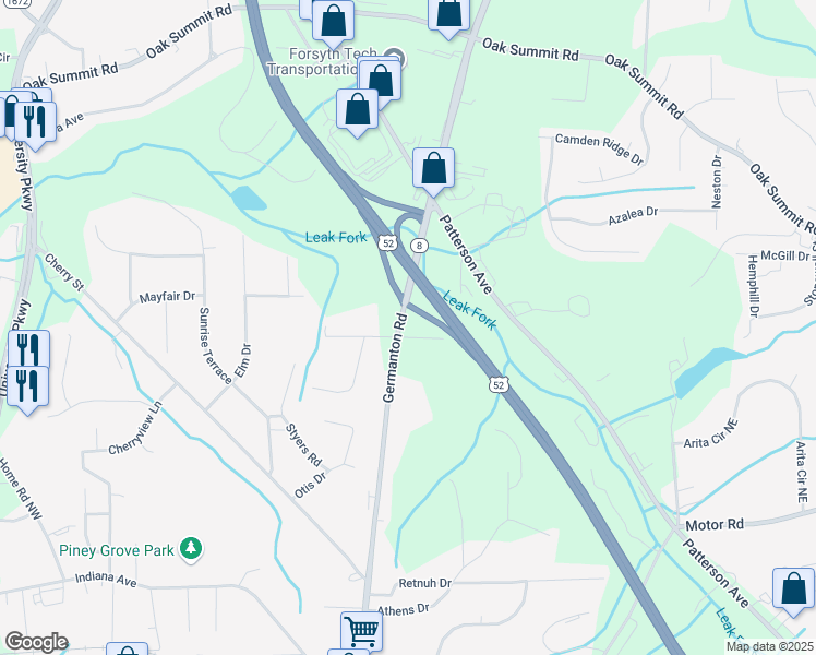 map of restaurants, bars, coffee shops, grocery stores, and more near 5001 Germanton Road in Winston-Salem