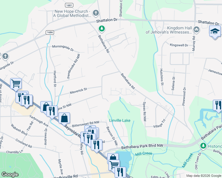 map of restaurants, bars, coffee shops, grocery stores, and more near 2500 Towergate Circle in Winston-Salem