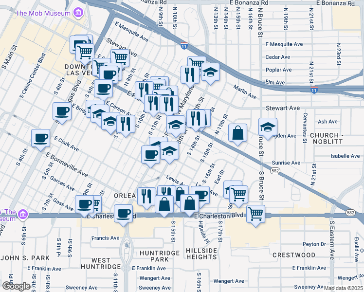 map of restaurants, bars, coffee shops, grocery stores, and more near 217 South 13th Street in Las Vegas
