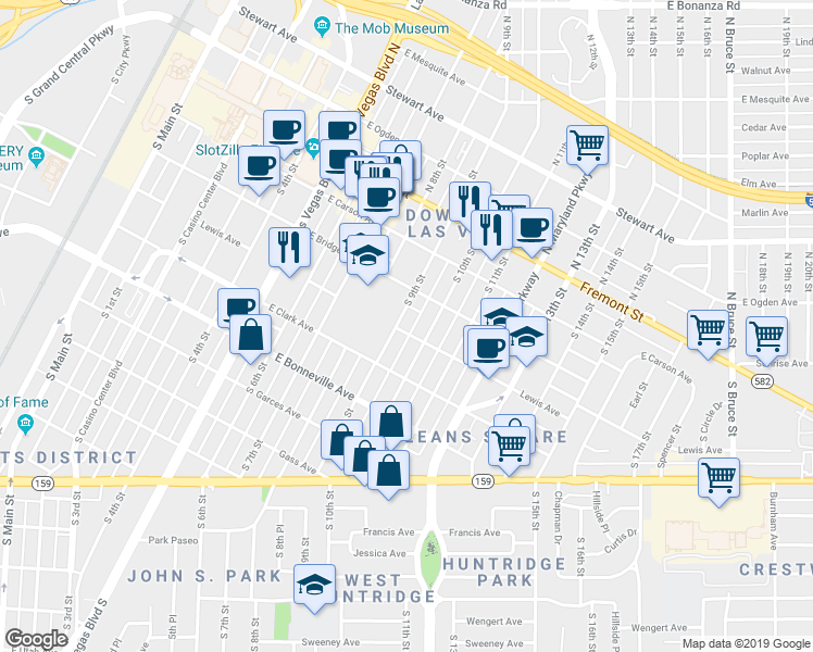 map of restaurants, bars, coffee shops, grocery stores, and more near 955 East Clark Avenue in Las Vegas