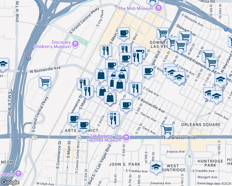 map of restaurants, bars, coffee shops, grocery stores, and more near 630 South 3rd Street in Las Vegas