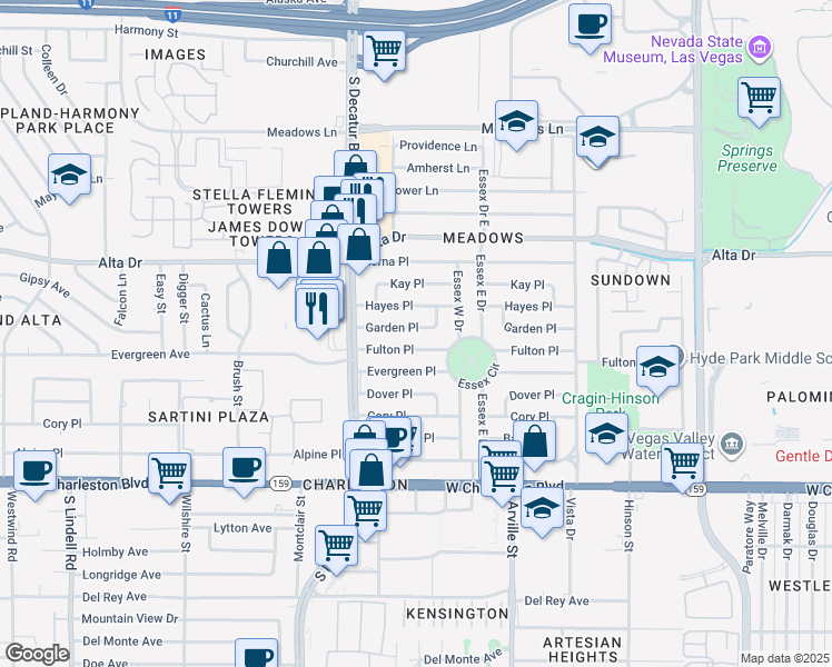 map of restaurants, bars, coffee shops, grocery stores, and more near 4524 Fulton Place in Las Vegas